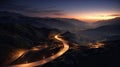 Modern road in mountains at sunset, landscape with winding highway, generative AI