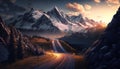 Modern road in mountains at sunset, landscape with winding highway, generative AI