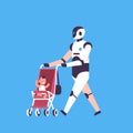 Modern robot babysitter walking stroller helper bot artificial intelligence technology concept blue background flat
