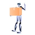 modern robot courier robotic deliver holding cardboard box delivery service artificial intelligence concept
