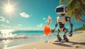 Modern robot enjoying vacation on tropical beach. Metallic android drinks cocktail. Artificial intelligence relaxs at ocean Royalty Free Stock Photo