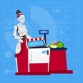 Modern Robot Female Work In Shopping Mall Cashier In Supermarket Futuristic Artificial Intelligence Technology Concept