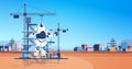 modern robot foreman engineer against construction site with building tower cranes artificial intelligence technology