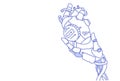 Modern robot hand holding steel robotic heart artificial intelligence assistance concept sketch doodle horizontal