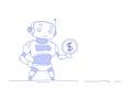 Modern robot holding dollar coin money wealth growth artificial intelligence concept isolated white background