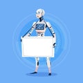 Modern Robot Holding Empty Banner Futuristic Artificial Intelligence Technology Concept Royalty Free Stock Photo