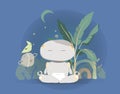 Modern Robot in position of lotus with garden plant Isolated On Blue Night Background Cute Cartoon Character Artificial Royalty Free Stock Photo