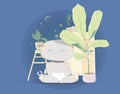 Modern Robot in position of lotus meditation with garden plant Isolated On Blue Night Background Cute Cartoon Character Artificial Royalty Free Stock Photo