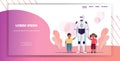 modern robot nanny walking with children artificial intelligence technology babysitter concept horizontal full length