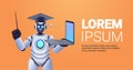 modern robot teacher in graduation cap holding laptop online education artificial intelligence concept