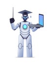 modern robot teacher in graduation cap holding laptop online education artificial intelligence concept