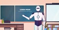 Modern robot teacher standing in front of chalkboard artificial intelligence technology education concept modern school Royalty Free Stock Photo