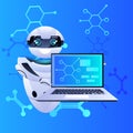 modern robot using laptop artificial intelligence technology concept full length