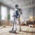 Modern robot vacuuming a classic, elegant room with detailed architecture, blending technology with tradition.