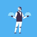 Modern robot waiter hold covered plate helper bot artificial intelligence technology concept blue background flat