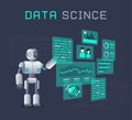 Modern robot working with analytics data pie charts and graphs flat illustration Royalty Free Stock Photo