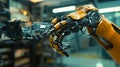 Modern Robotic Arm Picking Up and Moving a Microchip. Engineer Interacts with the Robot Hand By Using a Virtual Reality