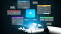 Modern Robotic Hand Interacting with Digital Screens Displaying Coding Languages and Concepts of DevOps, AI, and HTML Royalty Free Stock Photo