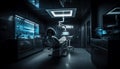 Modern robotic surgery equipment illuminates the empty hospital room generated by AI