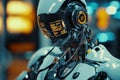 Generative Ai, modern robots analyze science data, sophisticated laboratory results with display screens