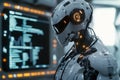 Generative Ai, modern robots analyze science data, sophisticated laboratory results with display screens