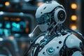 Generative Ai, modern robots analyze science data, sophisticated laboratory results with display screens