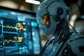 Generative Ai, modern robots analyze science data, sophisticated laboratory results with display screens
