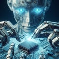 modern robots with artificial intelligence, with blue eyes