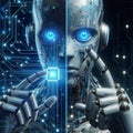 modern robots with artificial intelligence, with blue eyes