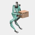 Modern robots delivery methods. Biped robot with box and fast delivery of goods in the city. Technological shipment