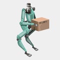 Modern robots delivery methods. Biped robot with box and fast delivery of goods in the city. Technological shipment Royalty Free Stock Photo