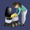 Modern robots delivery methods.Girl gets out pizza of the robot self drive fast delivery goods in city. Technological