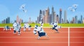 Modern Robots Team Running On Sport Group Artificial Intelligence Technology
