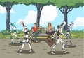 Modern robots walking in the park while humans rest on the bench.