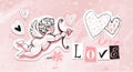 Modern romantic banner, Love, hearts and cupid with arrow, Valentine s Day card, invitation for wedding, date and