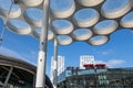 Modern roof with circle glass windows over passage shopping center