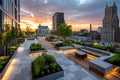 Modern Rooftop Garden with Cityscape Sunset View Royalty Free Stock Photo