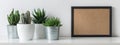 Modern room decoration. Various cactus and succulent plants in different pots. Mock-up poster. Royalty Free Stock Photo