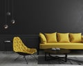 Modern room interior background with black wall and stylish yellow sofa and design armchair near coffee table, elegant, luxury, Royalty Free Stock Photo