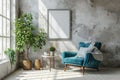 modern room interior with blank white picture frame, blue armchair, coffee table and house plant against a gray wall with sunlight Royalty Free Stock Photo