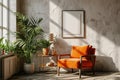 modern room interior with blank white picture frame, bright orange armchair, coffee table and house plant against a gray wall with Royalty Free Stock Photo