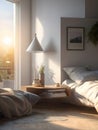 Modern room interior with comfortable bed, lamp and plants on wooden table Royalty Free Stock Photo