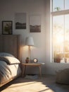 Modern room interior with comfortable bed, lamp and plants on wooden table Royalty Free Stock Photo