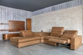 Modern room interior concept, stylish decorative couch. Mobile supported mobile sofa, home furniture seating group
