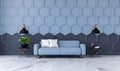 Modern room interior design, blue fabric sofa on marble flooring and blue with black Hexagon Mesh wall /3d render Royalty Free Stock Photo