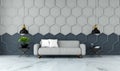 Modern room interior design,gray fabric sofa on marble flooring and gray with black Hexagon Mesh wall /3d render