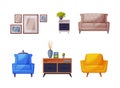 Modern Room Interior Items with Sofa, Pictures on Wall and Cabinet Vector Set Royalty Free Stock Photo