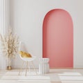 Modern room interior mockup with white chair, coffee table near window and decorative pink arch and column on the background,