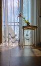 Modern Room Interior With Open Window In Minimal Style. Transparent Tulle With Morning Sun Rays On Shadow Background