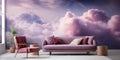 modern room interior with purple dreamy clouds wallpaper, creative apartment design